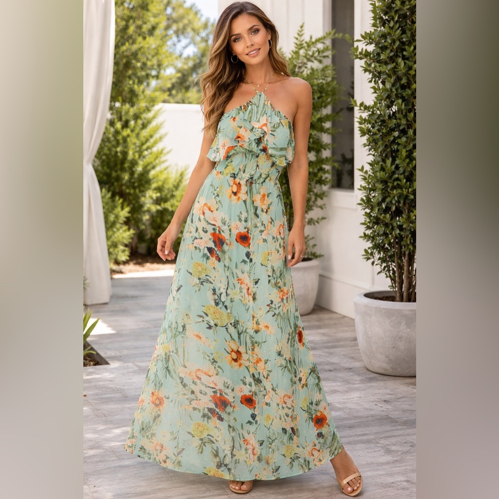Papaya Mint Floral Halter Maxi Dress Small